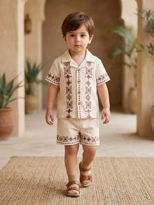 SHEIN Vintaside Kids 男婴几何图案拼接领短袖衬衫和短裤套装 - 白色 - 查看 8