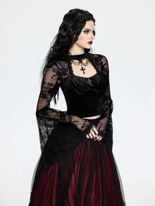 Breakform Women's Gothic Sexy Elegant Round Neck Hollow Metal Cross Decor Velvet Contrast Lace Flare Sleeve Crop Top
