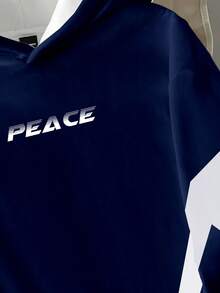 Manfinity Joysei Men's Casual Blue & White Patchwork PEACE Graphic Thermal Lined Hoodie Sweatshirt - Multicolor - View 2