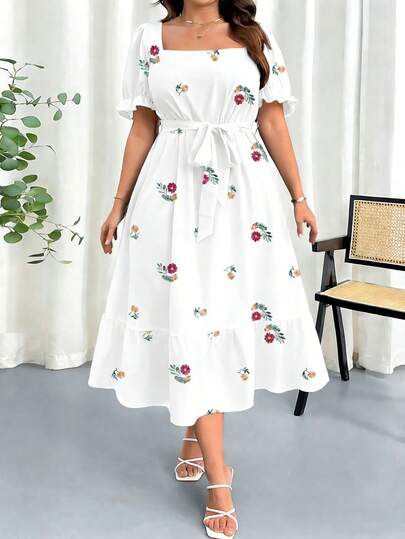 Elenzga Plus Size Women's Floral Print Square Neck Elastic Waist Puff Sleeve Dress