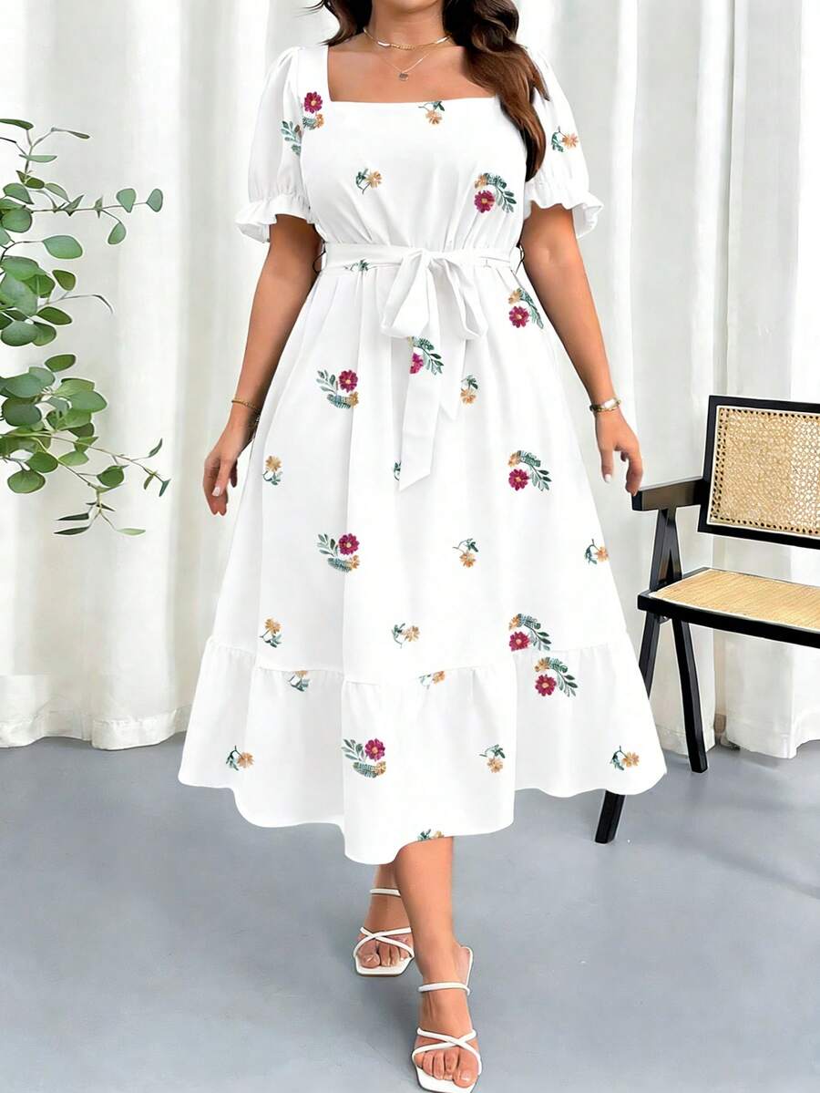 Elenzga 大码女式碎花方领松紧腰泡泡袖连衣裙 - 彩色 - 查看 1