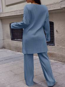 EURMUSE Cotton Plus Size Solid Color Batwing Sleeve Long Sleeve T-Shirt And Long Length Pants Two Pieces Set - Baby Blue - View 2