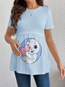 SHEIN Süßes bedrucktes Strick-Rundhals Kurzarm T-Shirt für schwangere Frauen - Babyblau - Übersicht 4