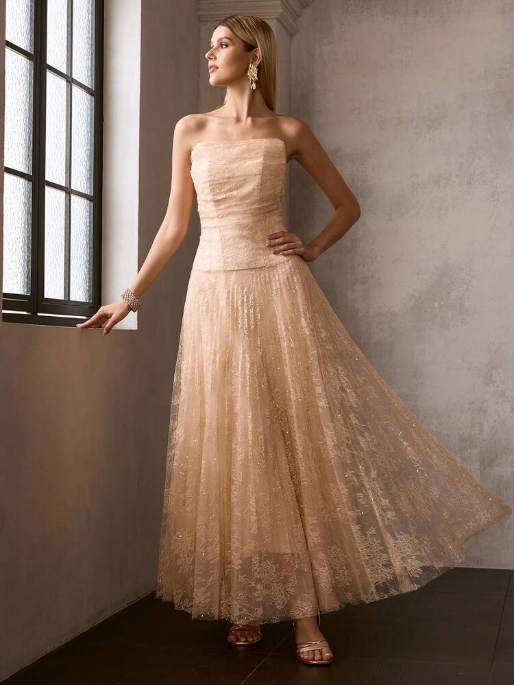 MOTF Soiréza WOMEN'S SPRING LACE & SEQUIN DECOR STRAPLESS PARTY COCKTAIL DRESS