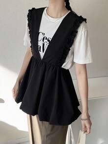 FRIFUL Women's Solid Color Layered Ruched Frill Trim Loose Casual Versatile Tank Top Summer - Black - View 7