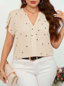 Reflora Blusa minimalista de talla grande con cuello en muesca, mangas con volantes y estampado de corazón para el Día de San Valentín - Albaricoque - Ver 4