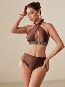 Swim Oasis Conjunto de 3 piezas de bikini y vestido de playa elegante de mujer con tela brillante marrón, tirantes cruzados y estampado jacquard, para vacaciones de verano - Marrón - Ver 6