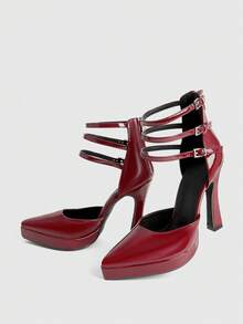 CUCCOO LuxiPop Women Shoes Women's Pointed High-Heeled Pu Light Fabric, Fashionable, Simple And Comfortable, Buckle For Daily Parties And Banquets, Rear Zipper Shoes - Burgundy - View 5