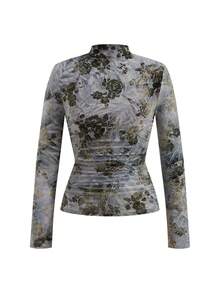 Ellevyn Áo thun dài tay cổ đứng ôm dáng, in hoa, xếp ly dành cho nữ - Nhiều màu - Xem 5