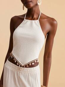 Travachic Women's Vacation Shell Trim Asymmetric Hem Halter Top - White - View 4