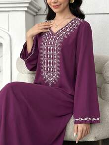SHEIN Teen Girls' Embroidered Purple Long Sleeve Dress,Elegant Autumn Modest Arabic Jalabiya Abaya - Purple - View 3
