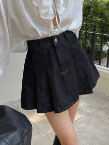 DAZY Women's Regular Waist Pleated Skirt, Casual Denim Mini Skirt - Dark Wash - View 5