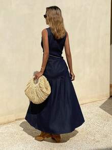 DAZY Women's V-Neck Sleeveless Wrap Tie Waist Elegant Maxi Denim Dress Vacation - Dark Wash - View 4