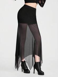 Breakform 女士哥特式性感优雅弹力腰半透明网纱拼接不对称下摆纯色针织内衬紧身半身裙，适合日常出行、约会、派对等场合。 - 黑色 - 查看 5