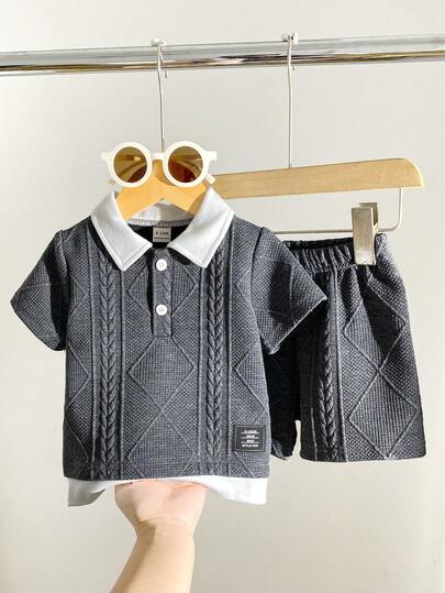 2 st/set spädbarnspojkar jacquard 2 i 1 pikétröja och shorts med resår i midjan, lämplig för pendling, fritid, semester, sport, fest, vår/höst, 6M-3T, barnkläder, babykläder