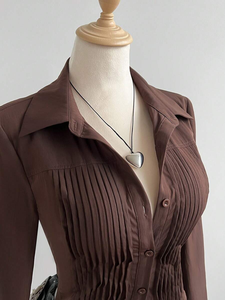 Elamini Áo kiểu tay dài cổ tròn kẻ sọc dáng retro gợi cảm, đa năng dành cho nữ, thích hợp cho mùa xuân. - màu nâu - Xem 1