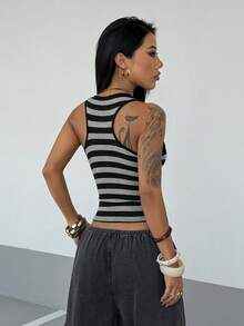 StreetHx Women's Sleeveless Crop Top, Streetwear Y2K Baddie Striped Fitted Eyelet Tank Top, Spring/Summer - Black and White - View 3