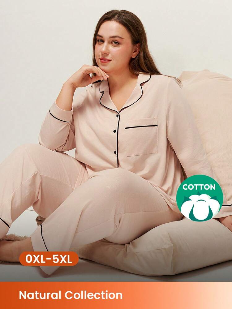 Plus Cotton Button-Up Top & Pants PJ Set