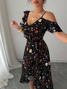 Elenzga Elegant Asymmetric Ruffle Floral Print Summer Dress - Black - View 3