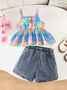 SHEIN 2pcs/Set Pakaian Bayi Perempuan Gaya Kasual Musim Semi & Musim Panas, Atasan Tanpa Lengan Polos & Celana Pendek Jeans dengan Hiasan Pita - MultiWarna - View 3