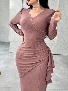 Feyla 大码女式V领长袖褶皱亮面修身优雅连衣裙 - 藕粉色 - 查看 3