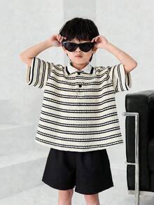 SHEIN Áo thun tay ngắn cổ polo phối màu tương phản, chất liệu vải mềm mại, thoải mái, đa năng dành cho bé trai. - Nhiều màu - Xem 5