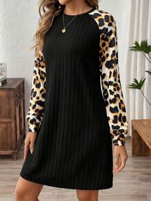 SHEIN LUNE Damen Leoparden-Muster Ärmel Spliced Country Rundhals Strickkleid - Schwarz - Übersicht 5