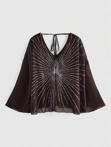 ROMWE Avant Áo kiểu Bohemian cổ chữ V dáng suông đính cườm và sequin cổ điển - màu nâu - Xem 1