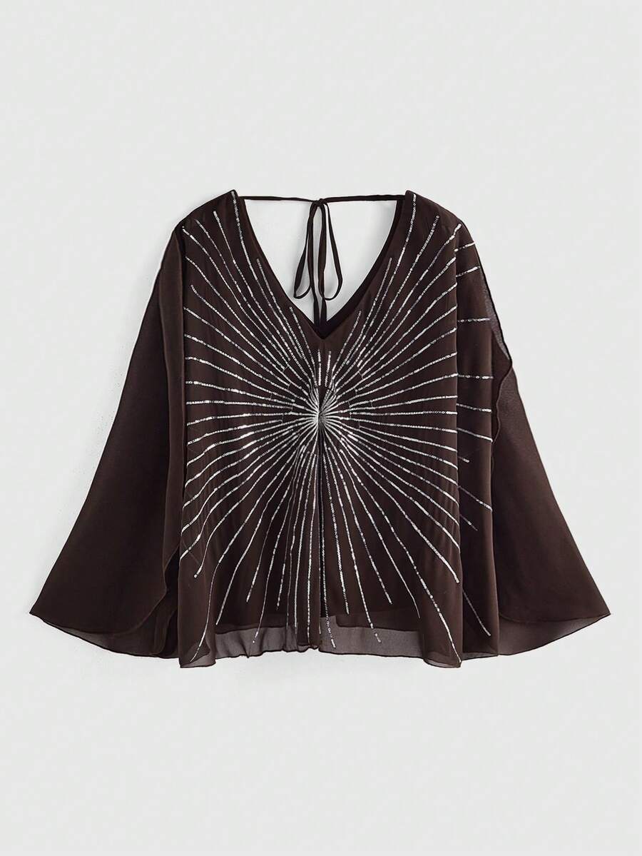ROMWE Avant Áo kiểu Bohemian cổ chữ V dáng suông đính cườm và sequin cổ điển - màu nâu - Xem 1