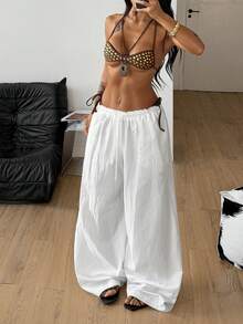 Coolane Women's White Woven Drawstring Waist Casual Pants - White - View 4