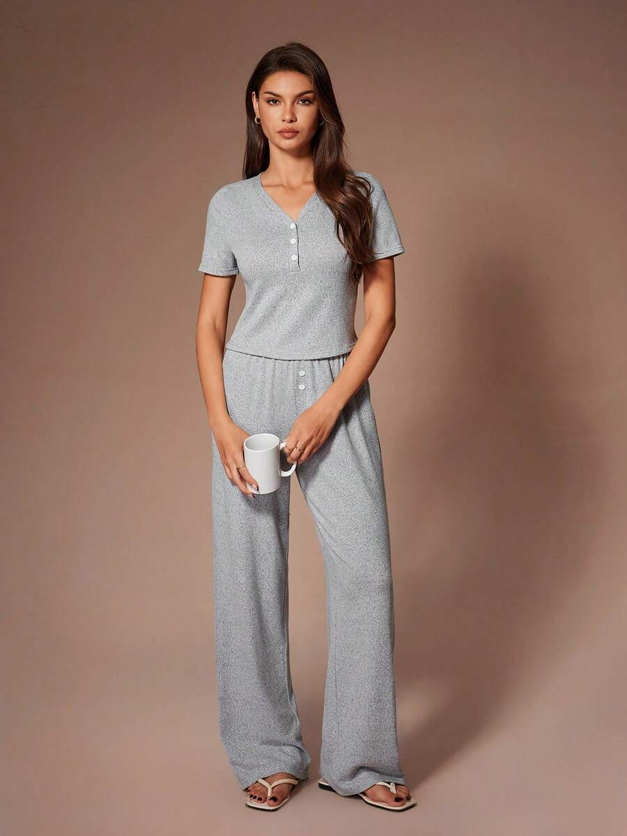 Lazeform Women's Loose Fit Slimming Short Sleeve Wide Leg Pants Casual 2 Pieces Set, Suitable For Outdoor Wear In Summer - Light Grey - View 1