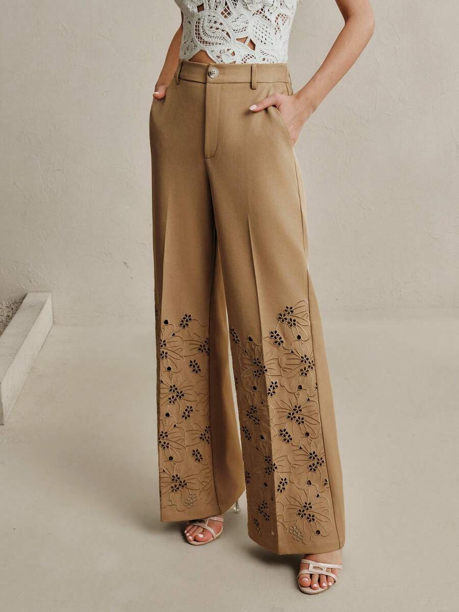 Anewsta Khaki High Waist Loose Straight Leg Pants With Embroidery, Elegant Style, Spring/Summer - Khaki - View 1