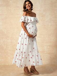 Đầm bầu mùa hè in hình quả anh đào, trễ vai, xếp ly. - trắng - Xem 5