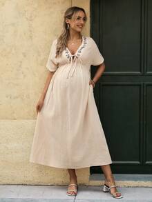 SHEIN Maternity Dress With Embroidered V-Neck, Front Tie Bow, A-Line Hem And Pockets, 100% Cotton Long Dress - Apricot - View 3