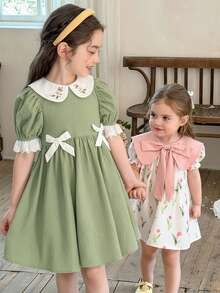 LMoss Kids 女童碎花泡泡袖蕾丝修身A字裙摆连衣裙，适合女孩日常穿着、节日、家庭聚会和特殊场合。 - 綠色 - 查看 4