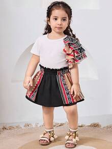 Baby Girl Geometric Print Ruffle Trim Round Neck Top And Skirt Casual Set - Black - View 5