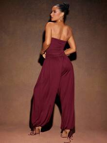 Hauture 女士性感夏季度假针织无袖连体裤，侧边褶皱抽绳下摆 - 紅色 - 查看 2