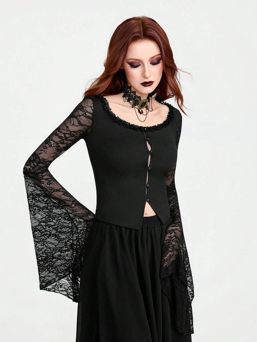 Breakform Áo cardigan ngắn tay dài, cài cúc, cổ ren phối màu trơn, chất liệu vải dệt kim, dành cho nữ, kiểu dáng thanh lịch Gothic, có khuy cài, tay áo loe và cổ tay áo ôm sát. - màu đen - Xem 1