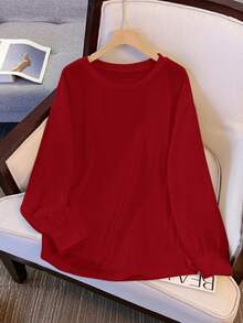 GlowEve CURVE Sudadera casual de cuello redondo de unicolor talla grande - Rojo - Ver 3