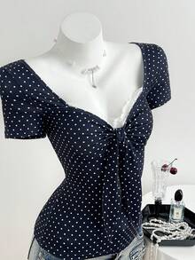 Elamini 女士藏蓝色波点扭结V领短袖T恤，百搭新款式，春秋季