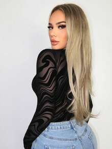 SHEIN PETITE Sexy Sheer Geometric Striped Mesh Flocked Fabric Bodysuit For Women, Spring/Summer - Black - View 2