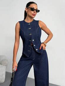 SHEIN 100% Cotton Women's Denim Dark Wash Vest & Pants Two Pieces Outfits - Dark Wash - View 1