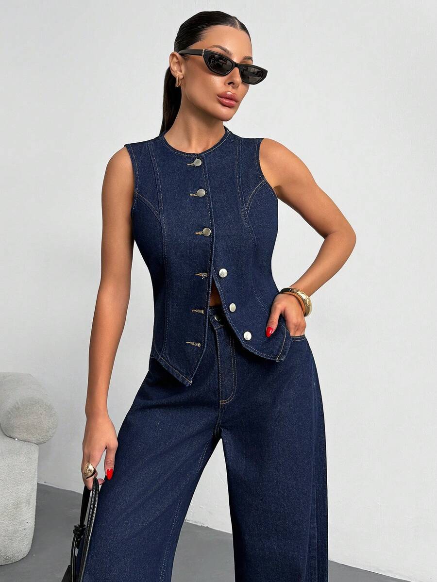 SHEIN 100% Cotton Women's Denim Dark Wash Vest & Pants Two Pieces Outfits - Dark Wash - View 1