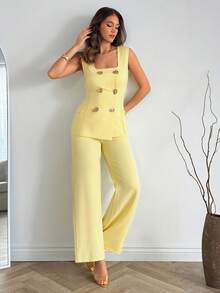 EURMUSE Elegant Double-Breasted Vest & Pants Suit, Business Attire - Apricot - View 5