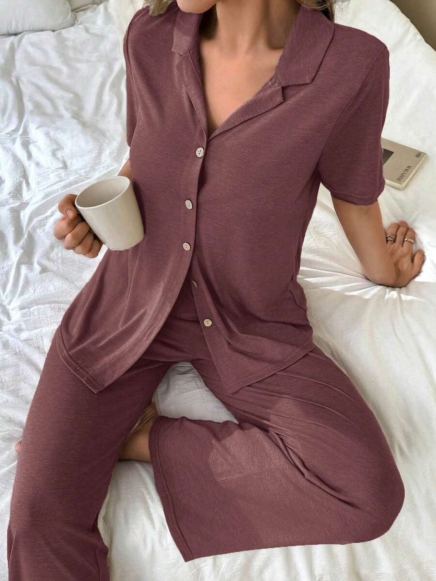 SHEIN Soft & Skin-Friendly Cardigan Button Closure Unisex Casual Pajama Set Burgundy Pajama Set Button Up Pajamas Women