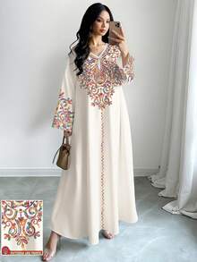 SHEIN Najma 大码女式彩色藤蔓图案数码印花V领长袖优雅阿拉伯风长连衣裙，春秋季 - 彩色 - 查看 1