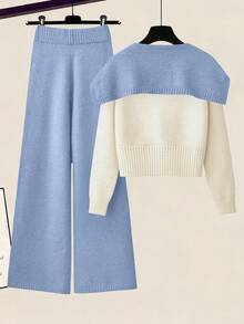 SHEIN LUNE 女士时尚撞色毛衣两件套，简约通勤斗篷二合一圆领插肩长袖撞色修身开衫和休闲弹力腰宽松针织藏蓝色长裤 - 淺藍色 - 查看 2