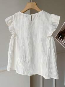SHEIN EZwear Summer Women's Woven White Blouse With Round Neck, Ruffle Trim And Loose Fit Flare Sleeves Smocked Top White Babydoll Top White Ruffle Top Flutter Sleeve Top - White - View 2