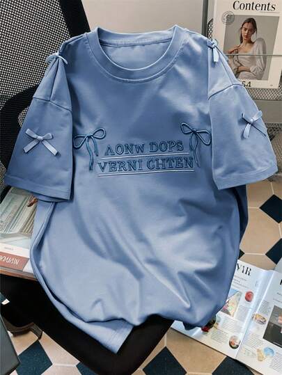 SHEIN Plus Size Women's Short Sleeve T-Shirt With Letter Embroidery And Bow Decoration