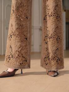 Anewsta Quần jeans nữ màu nâu thêu họa tiết cao cấp, thích hợp cho mùa xuân/hè, thanh lịch khi đi làm, hoặc dịp Lễ Tình nhân. - màu nâu - Xem 3